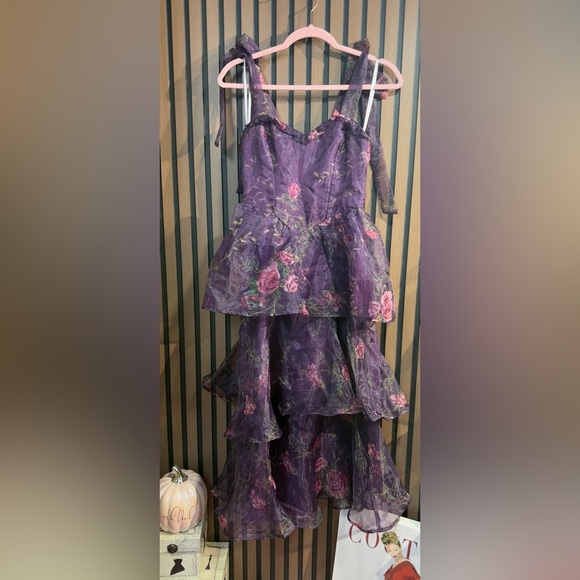 NWT Fairytale Cutie Purple Floral Tie-Strap Tiered Midi Dress Sz XS, S - Picture 2 of 16